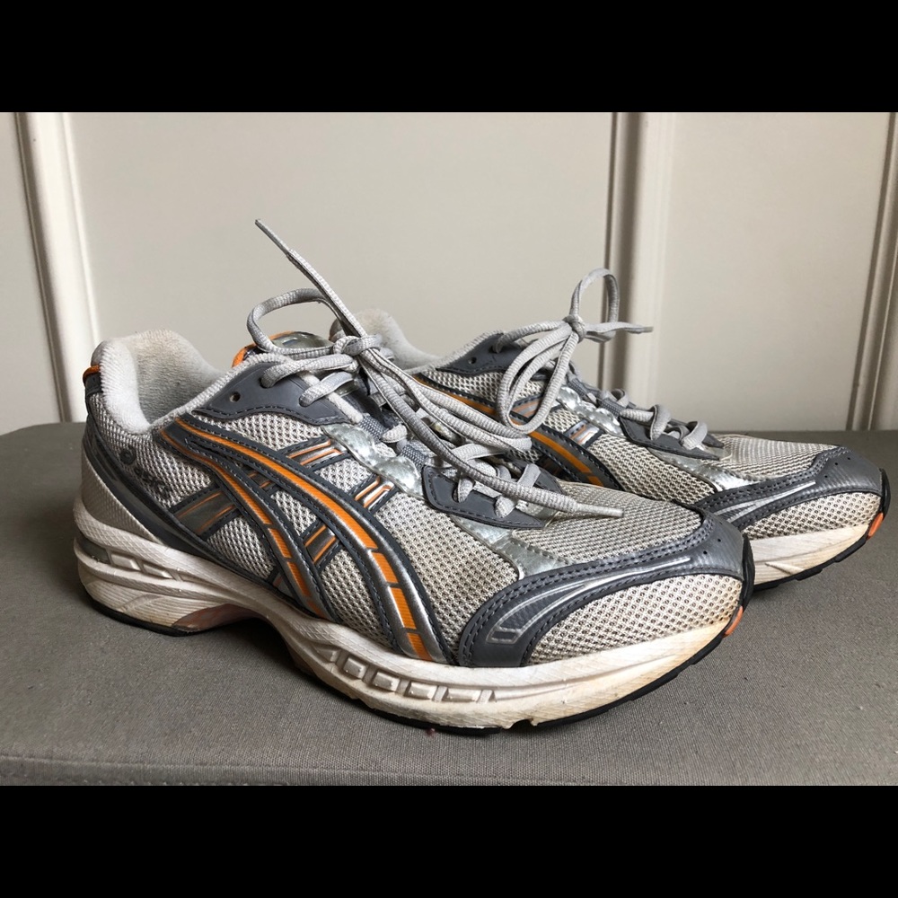 Grey ASICS running shoes